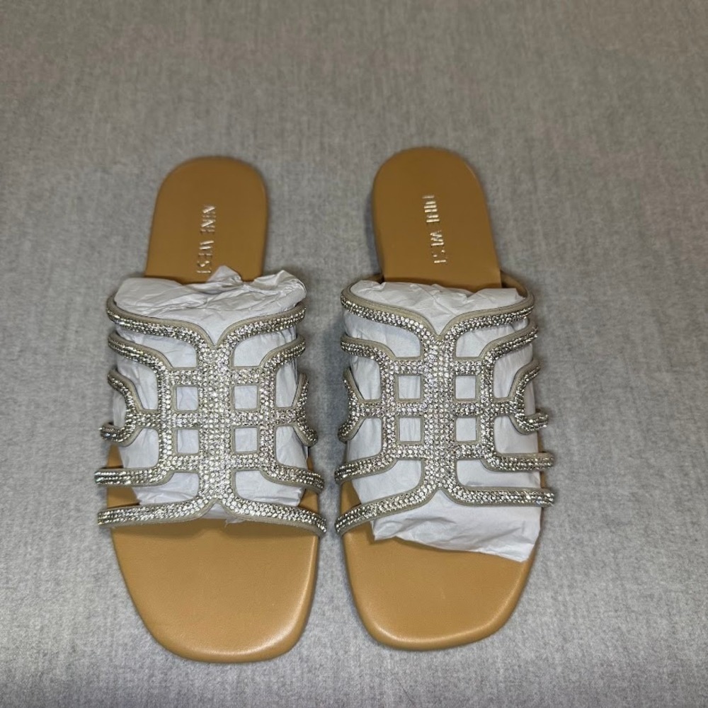 Nine West Women's TIMY5 Rhinestone Embellished Slide Sandals Tan Brown Size 7.5M